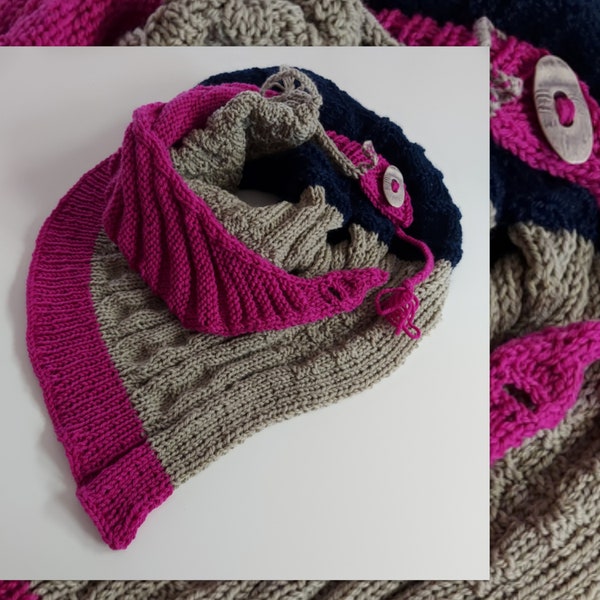 Dreieckstuch mit Knopf- Verschluss Beige Fuchsia Dunkelblau Color- Blocking Muster- Mix gestrickt Basis 170 cm