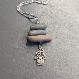 Hamsa Hand Cairn Stone Jewelry Beach Stone Necklace 3 Stone Pendant image 2