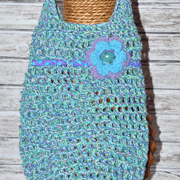 Handmade Tote Blue Purple Green Crochet Bag Gifts for Her Flower Ready to Ship