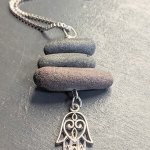 Hamsa Hand Cairn Stone Jewelry Beach Stone Necklace 3 Stone Pendant image 5