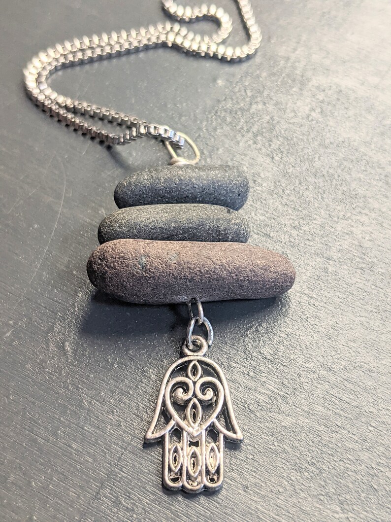 Hamsa Hand Cairn Stone Jewelry Beach Stone Necklace 3 Stone Pendant image 5