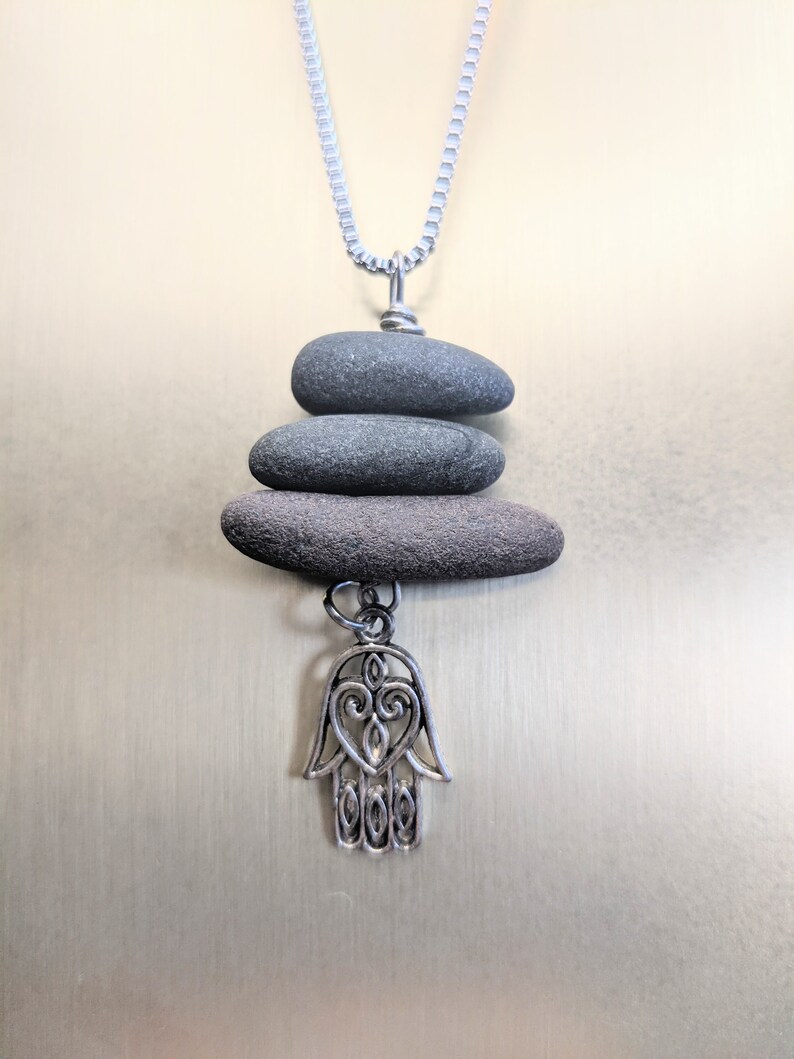 Hamsa Hand Cairn Stone Jewelry Beach Stone Necklace 3 Stone Pendant image 7