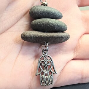 Hamsa Hand Cairn Stone Jewelry Beach Stone Necklace 3 Stone Pendant image 4