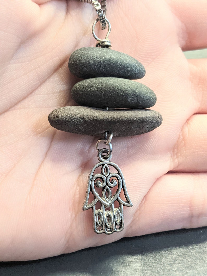 Hamsa Hand Cairn Stone Jewelry Beach Stone Necklace 3 Stone Pendant image 4