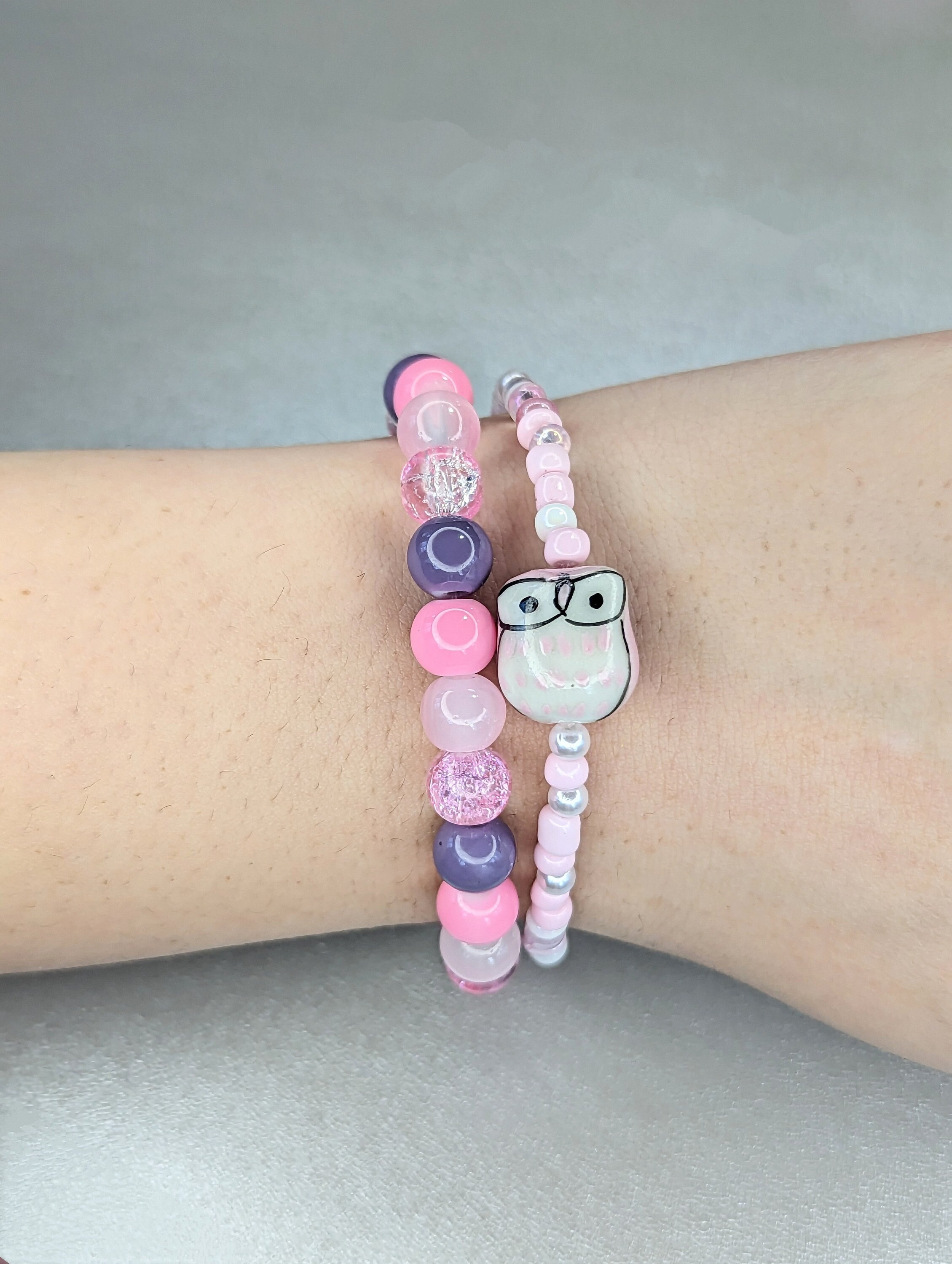 Pink Glass Beaded Bracelet Set: Owl Charm, Stretchy Bracelets