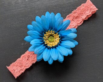 Baby Headband - Flower - Blue - Peach- Newborn