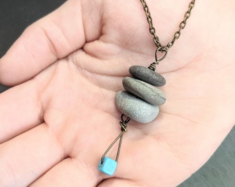 Stone Pebble Necklace - Beach Cairn Pendant - Stone Jewelry- 3 Stone