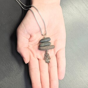 Hamsa Hand Cairn Stone Jewelry Beach Stone Necklace 3 Stone Pendant image 6