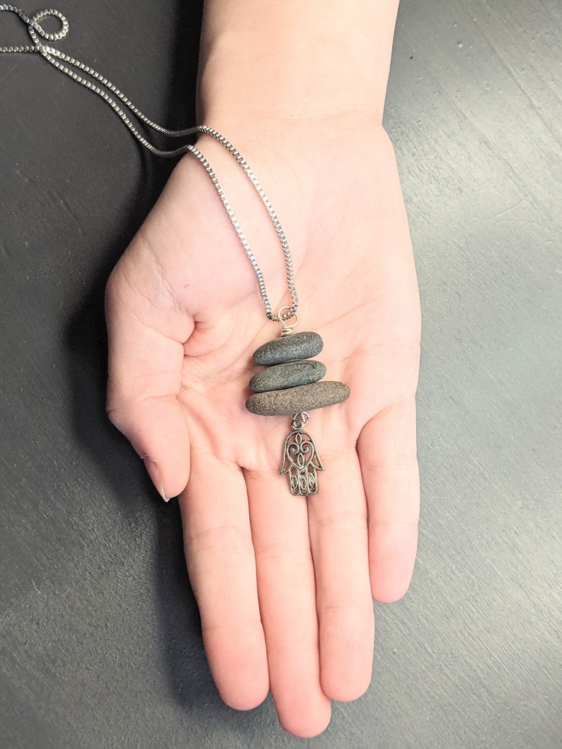 Hamsa Hand Cairn Stone Jewelry Beach Stone Necklace 3 Stone Pendant image 6