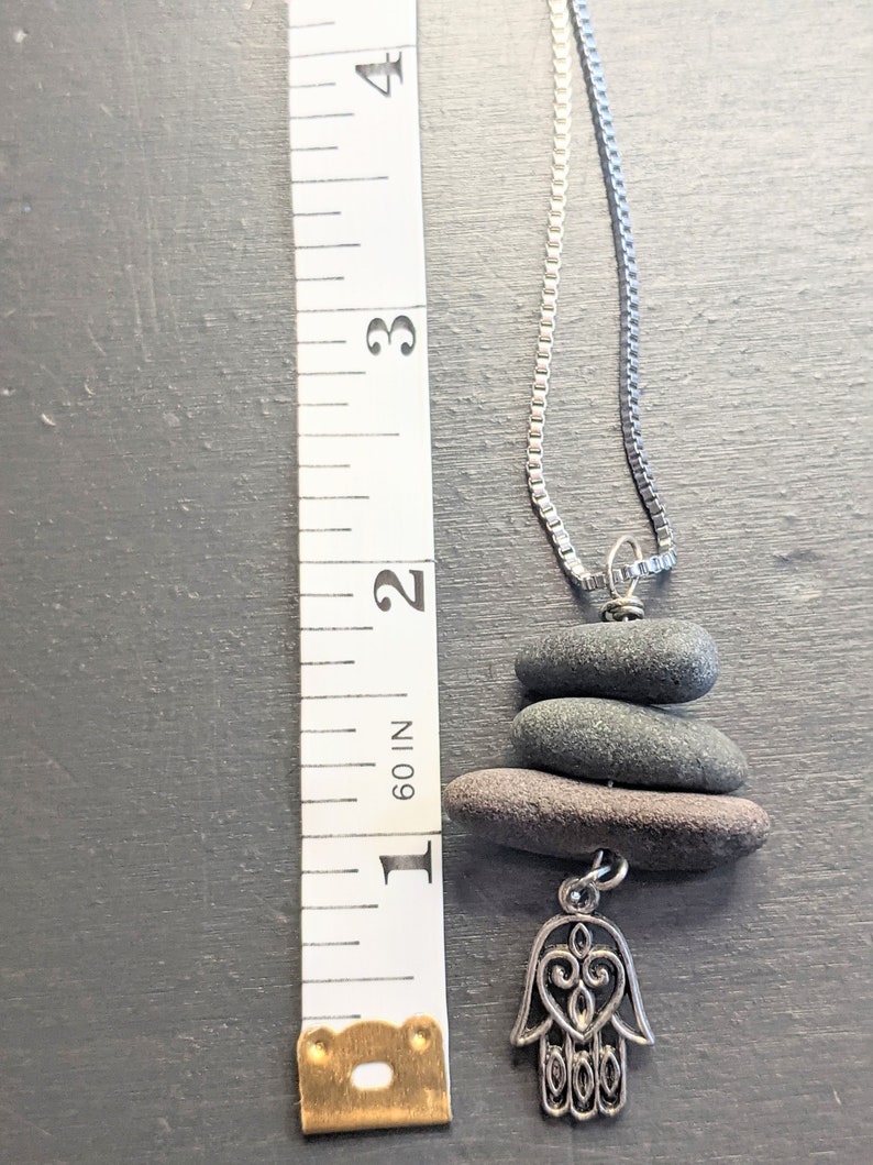 Hamsa Hand Cairn Stone Jewelry Beach Stone Necklace 3 Stone Pendant image 3