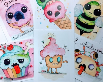 Art Print Postcard Zombie Food taco cupcake bee original postcrossing