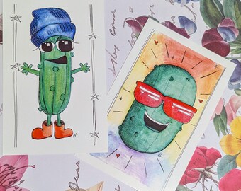 Mini Postcard USPS Size Pickles fun penpal and postcrossing original art card
