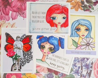 Art Print Postcard redhaired girl handpainted collage face original postcrossing