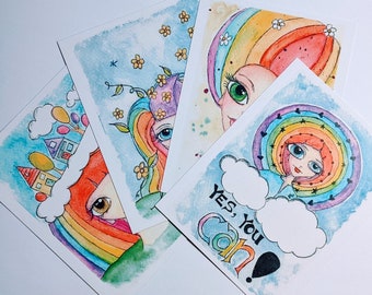Art Print Postcard rainbow girl face original postcrossing