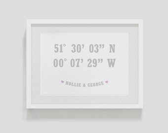 Personalised Location Couple's Name co-ordinates print — custom Latitude & Longitude — house, wedding, anniversary — FREE UK DELIVERY