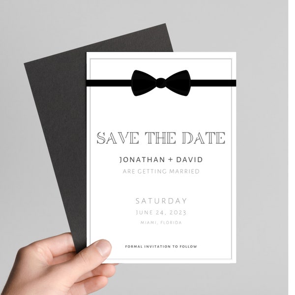 Black Tie Save The Date Digital Template | Semi Formal One Sided Tux Save the Date for Black and White Timeless Wedding