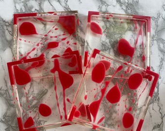 Blood Splatter Coaster Set / Jason Coasters / Resin Coasters / Decorative Tray