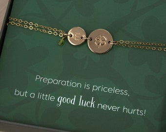 St. Patrick's Day Gift, Gold Filled or Silver Good Luck Shamrock Bracelet w/ Initial and Birthstone, Motivational Charm Bracelets 181