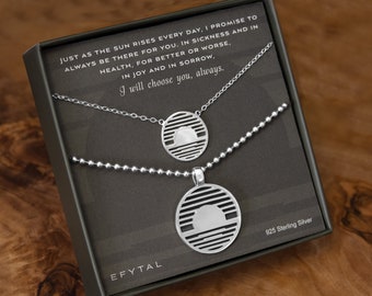 Wedding Gifts for Couples, EFYTAL Sterling Silver Sunrise Matching Couple Necklaces, His and Hers, Husband and Wife SBRV+LBRV 236