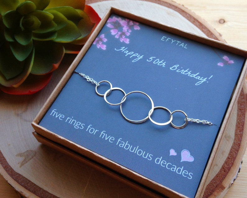 5 Decade Jewelry 50 Years Old 50 Sterling Silver Five Circle Bracelet for Her 50th Birthday Gifts for Women