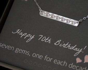 70th Birthday Gifts for Women, 925 Sterling Silver Seven CZ Bar Necklace For Her, 7 Decade Jewelry 70 Years Old, Best Friend Gift 70G