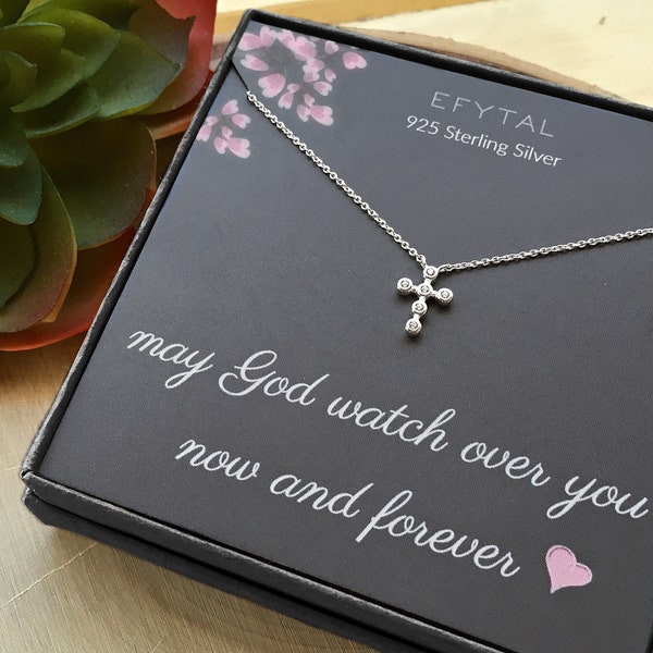 Religious Gifts for Women, 925 Sterling Silver Tiny CZ Cross Necklace, Christian Jewelry Gift for Her, First Communion Baptism Present 97