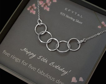 50th Birthday Gifts for Her, 925 Sterling Silver Thick 5 Circle Necklace for Best Friend, 50 Years Gift Ideas for Women 50