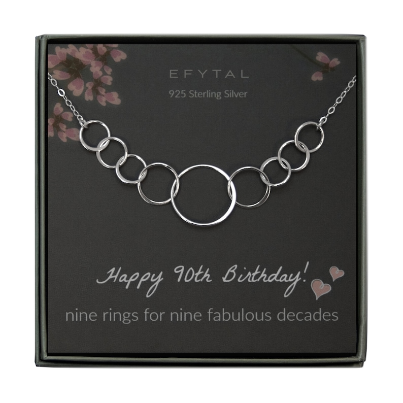 90th Birthday Gifts for Women, 925 Sterling Silver Nine Circle Necklace for Her, 9 Decade Jewelry 90 Years Old, Gift for Grandma 90 