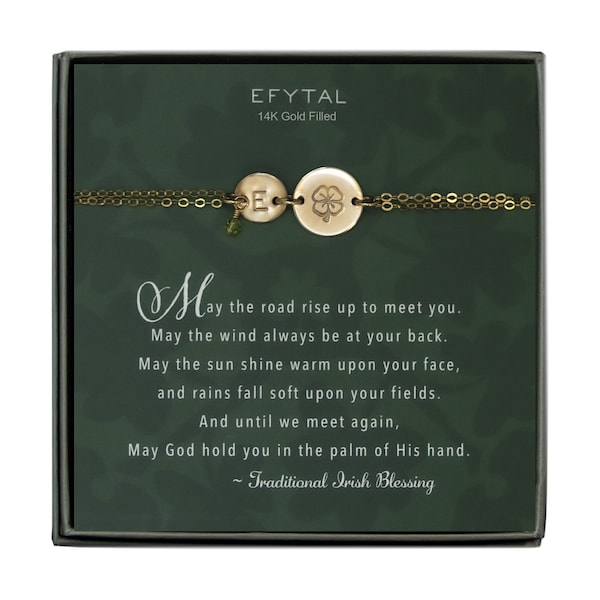 St. Patrick's Day Gift for Her, Irish Blessing Poem & Lucky Charm, Shamrock Initial Bracelet, EFYTAL Birthstone Charm Bracelets for Her 117