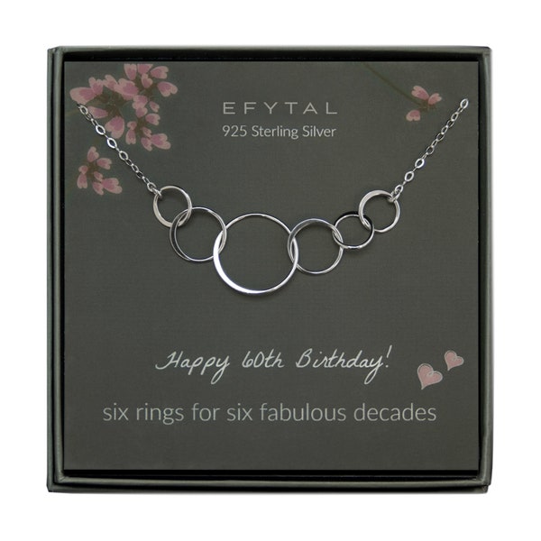 60th Birthday Gifts for Women, EFYTAL Sterling Silver Six Circle Necklace for Her, 6 Decade 1962 Jewelry for Grandma,Turning 60 Years Old 60