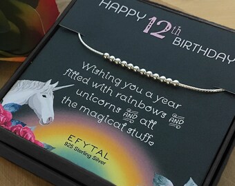 12th Birthday Gifts for Girls, 925 Sterling Silver Bracelet on Rainbow Unicorn Card, 12 beads for 12 Year Old Girl, Niece Bat Mitzvah 12U