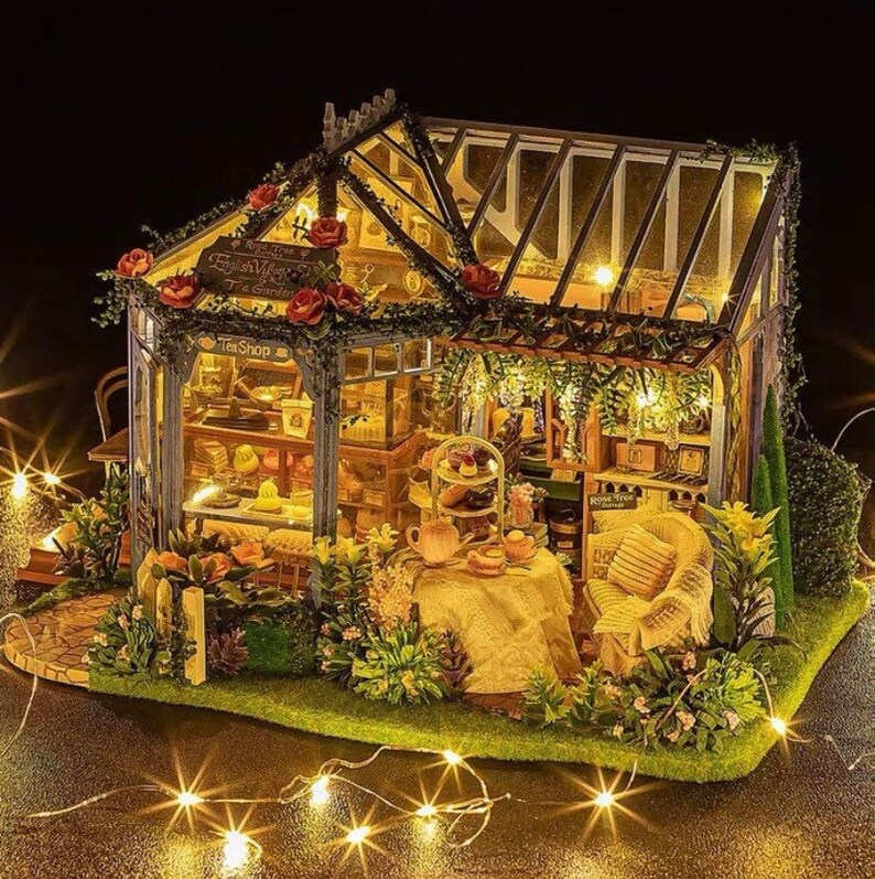 3D Wooden Miniature Dollhouse Furniture DIY Dollhouse Kit 1:24 Creative Room Music Box/Dust Cover/LED lights/tool set(Rose Garden Tea House) 