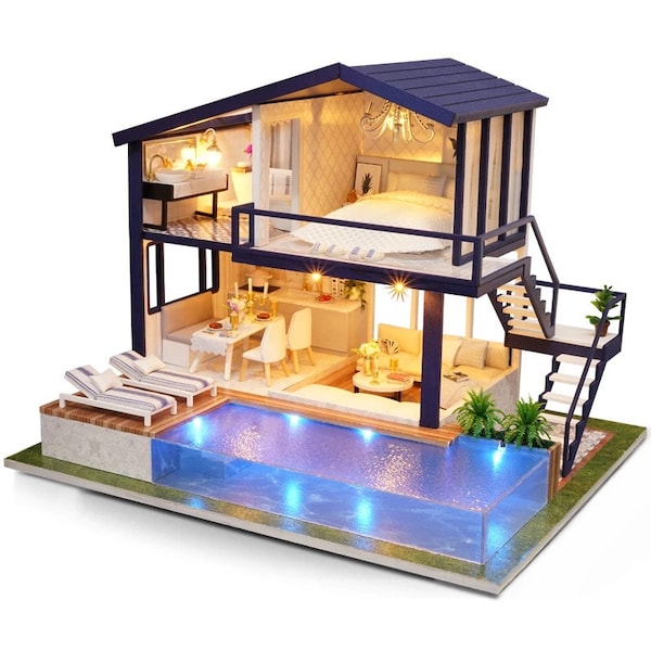 3D Wooden Miniature Dollhouse Furniture DIY Dollhouse Kit 1:24 Modern house Music Box/Dust Cover/LED lights/tool set(Dream home with pool)