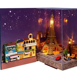 Eiffel Tower Paris Book Nook Book Scenery bookends  DIY Doll House Book Shelf Insert travel Bookcase with Light Miniature Building Kit