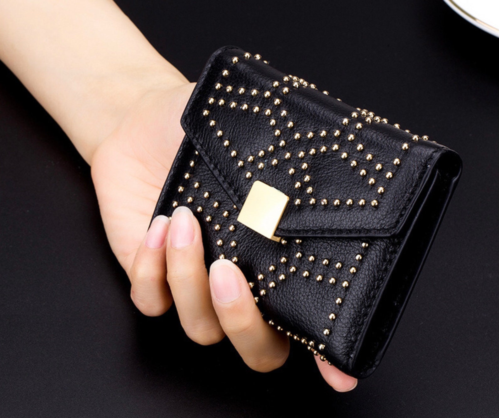 Genuine Leather Bifold Snap Wallet for Women Rivet Studded Etsy