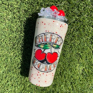 Vaso con forma de bomba de cereza, vasos con adornos de frutas, vasos con cerezas y vasos con purpurina
