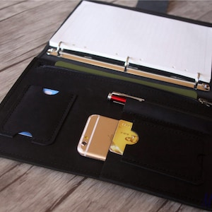 Pasta de portfólio de couro preto com zíper, organizador de 3 anéis, pasta personalizada feminina, capas de notebook, porta-documentos para bolsa masculina