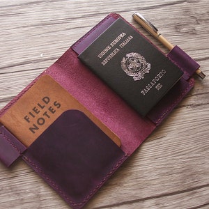 Lederen paspoort cover, gepersonaliseerde paarse paspoort houder, compatibel veld Notities notebook, pen geval, reizen geschenken organisator portefeuille