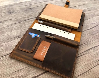 Personalized Leather Padfolio:  A4 Folder Organizer Travel Notebook Cover