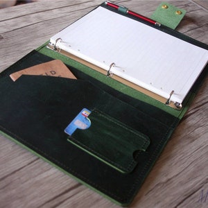 Cuero Verde 3 Ring Binder Portfolio Folder Women Personalized Document Holder Mens Notebook Cubre Padfolio, Organizador Legal Pad para Bolsa