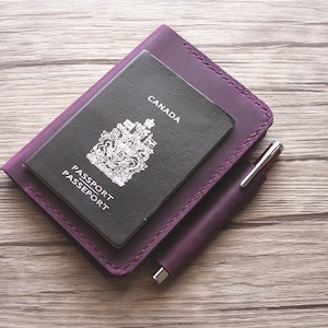 Passport Holder, Personalized Purple Leather Passport Cover, Compatible Field Notes Notebook, Pen Case, Travel Gifts Organizer Portfolio