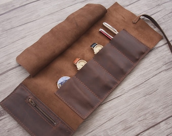 Personalisierte Leder Uhrenrolle: Handgemachter Reise-Organizer