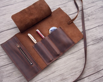 Personalized Leather Pencil Case Roll: Handmade Pen & Watch Travel Organizer