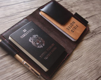 Titular del pasaporte de cuero, titular del pasaporte negro personalizado, cuaderno de notas de campo compatible, estuche de pluma, cartera del organizador de regalos de viaje