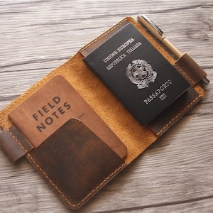 Paspoort cover, gepersonaliseerde bruin lederen paspoort houder, compatibel veld Notities notebook, pen geval, reizen geschenken organisator portefeuille