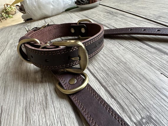 Personalized Leather Dog Collar: Engraved Custom Name, Antique Brown