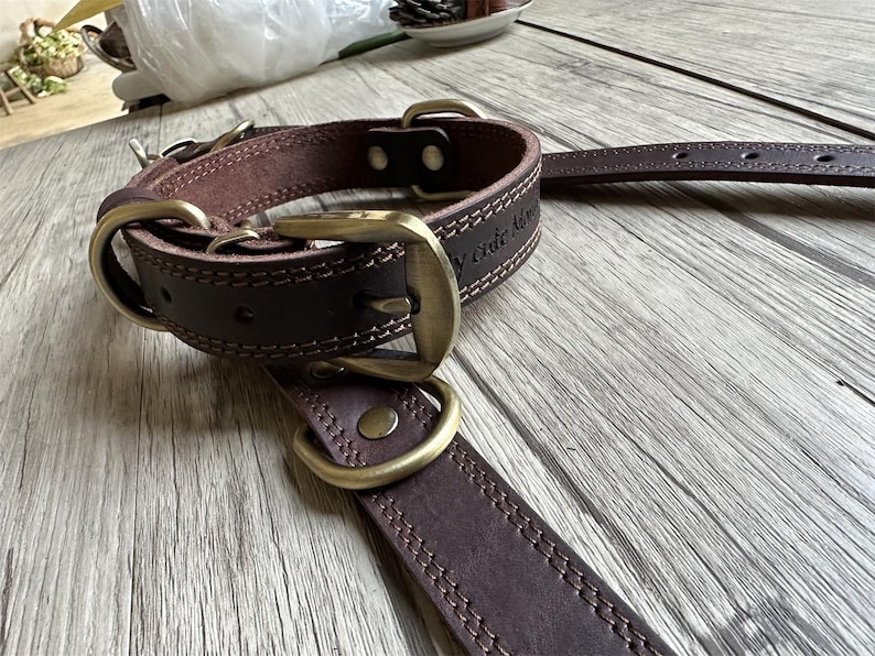 May include: A brown leather dog collar with brass hardware and the text "Made in America" embossed on the collar.