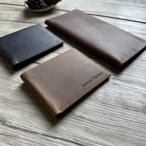 Cartera de cuero genuino RFID personalizada, billetera plegable larga y corta para hombre, billetera delgada de cuero para mujer, regalo personalizado para él y ella.
