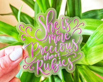 Christian, She is more precious than rubies sticker, 3”x2.83”, Vinyl, Waterproof