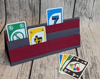 Spielkartenhalter Grau-Rot, Kartenhalter aus Stoff, Senioren oder Menschen mit Handicap, Kartenständer, Sammelkarten, Kartenspiel